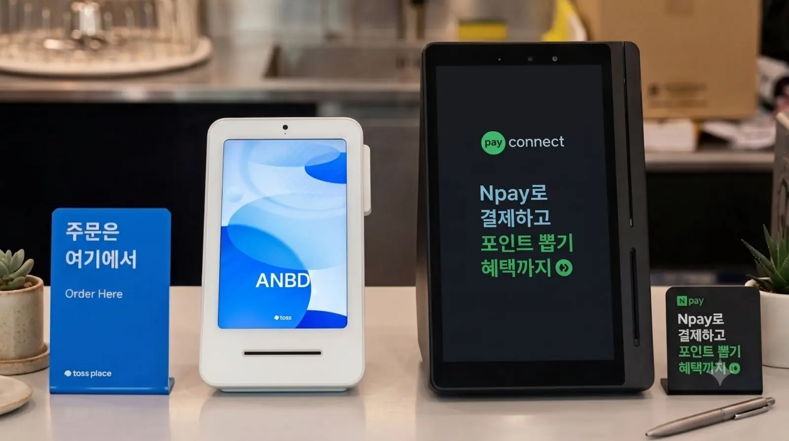 매장 카운터에 놓인 토스 단말기와 네이버 페이커넥트 단말기